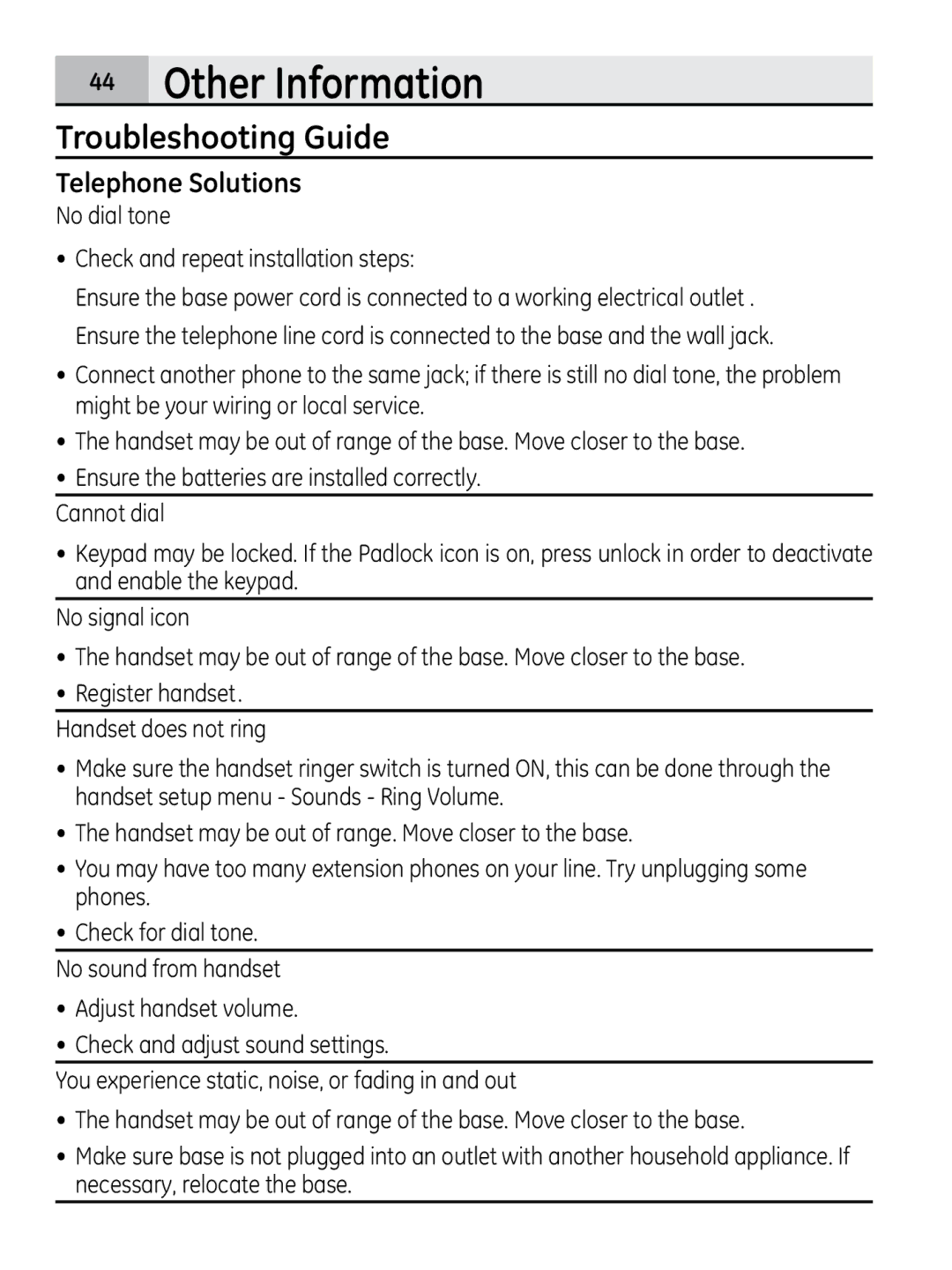 GE 28320xx2, 00018937 manual Troubleshooting Guide, Telephone Solutions, No dial tone Check and repeat installation steps 