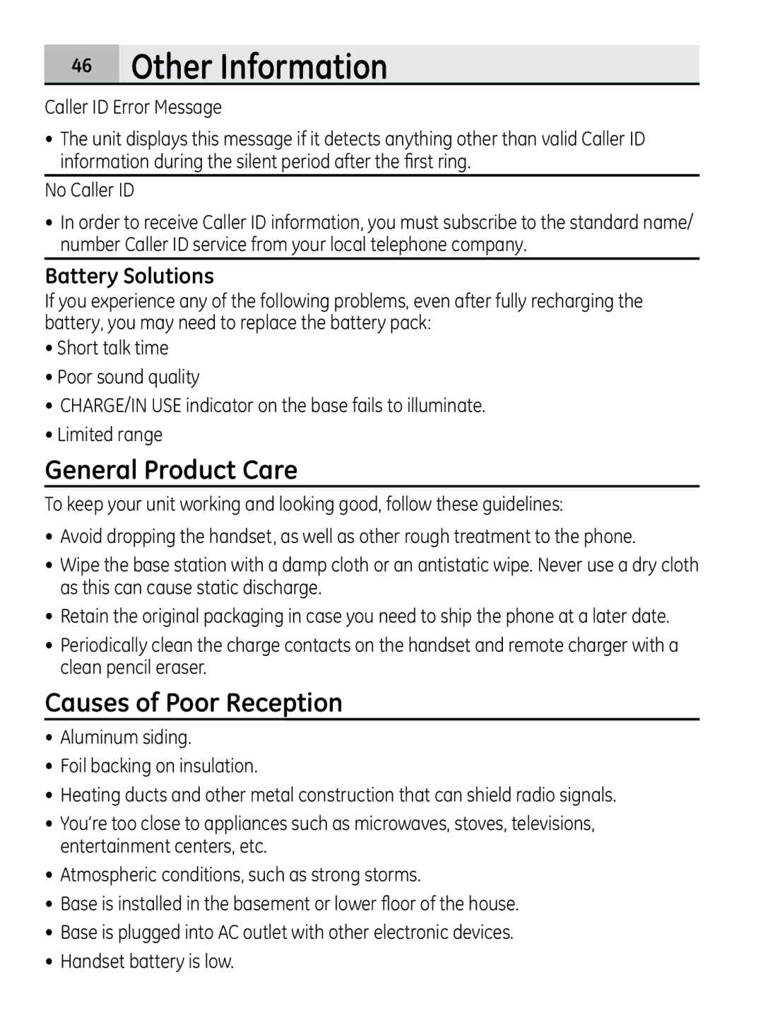 GE 28320xx2 manual General Product Care, Causes of Poor Reception, Battery Solutions, Caller ID Error Message, No Caller ID 