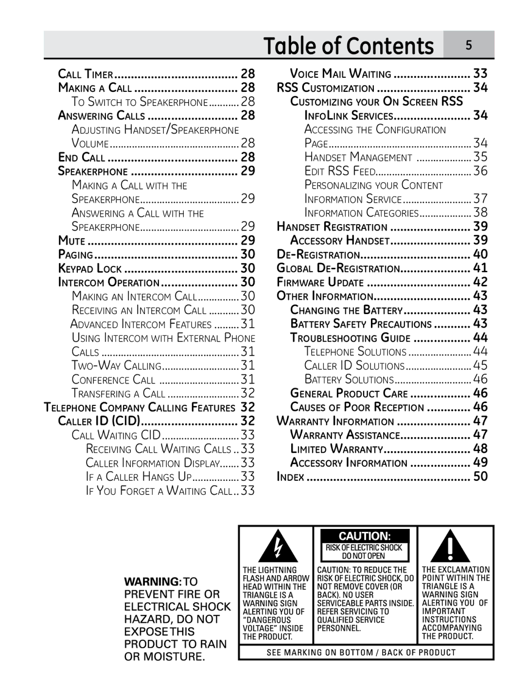 GE 00018937, 28320xx2 manual Table of Contents  