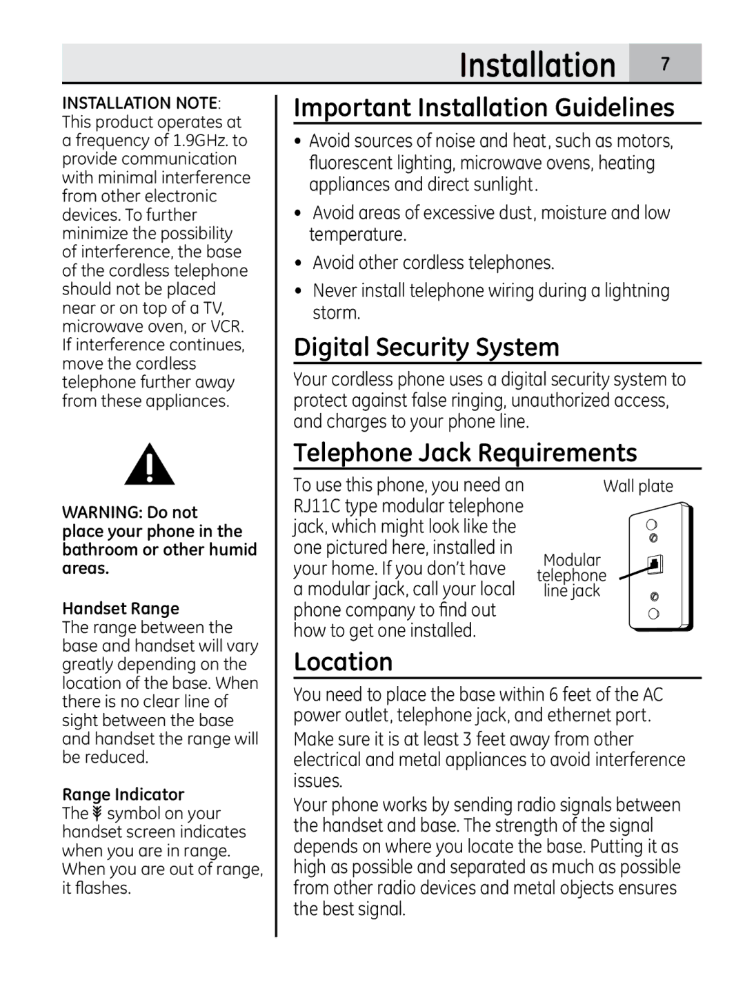 GE 00018937 manual Installation , Important Installation Guidelines, Digital Security System, Telephone Jack Requirements 