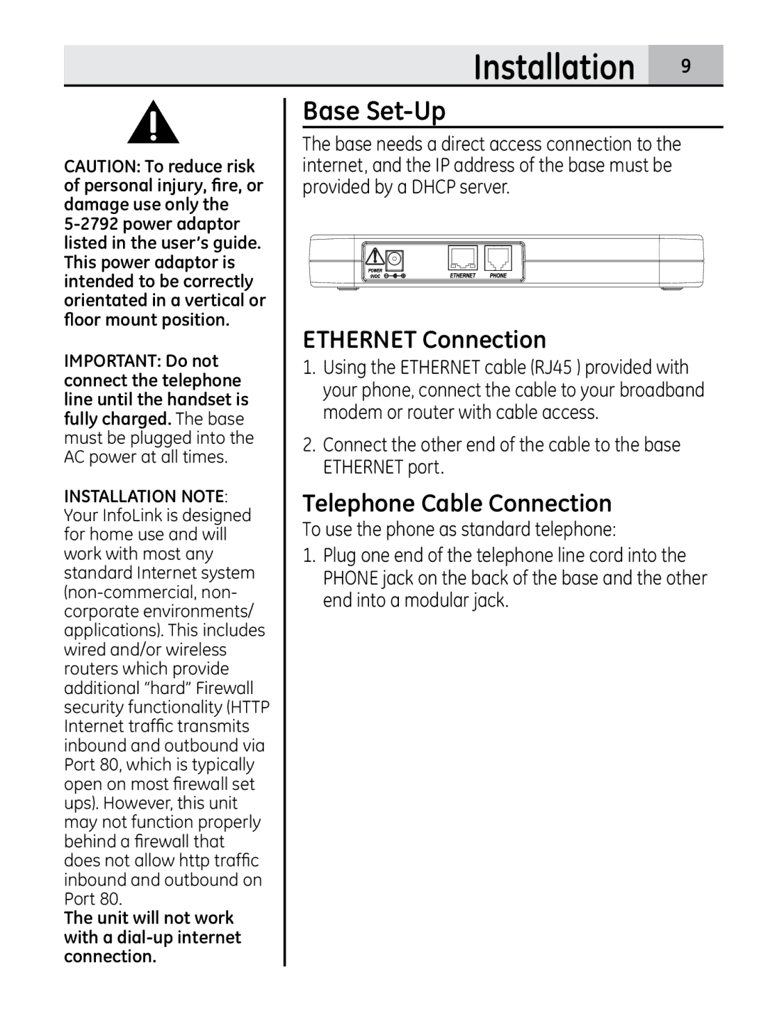 GE 00018937, 28320xx2 Base Set-Up, Ethernet Connection, Telephone Cable Connection, To use the phone as standard telephone 