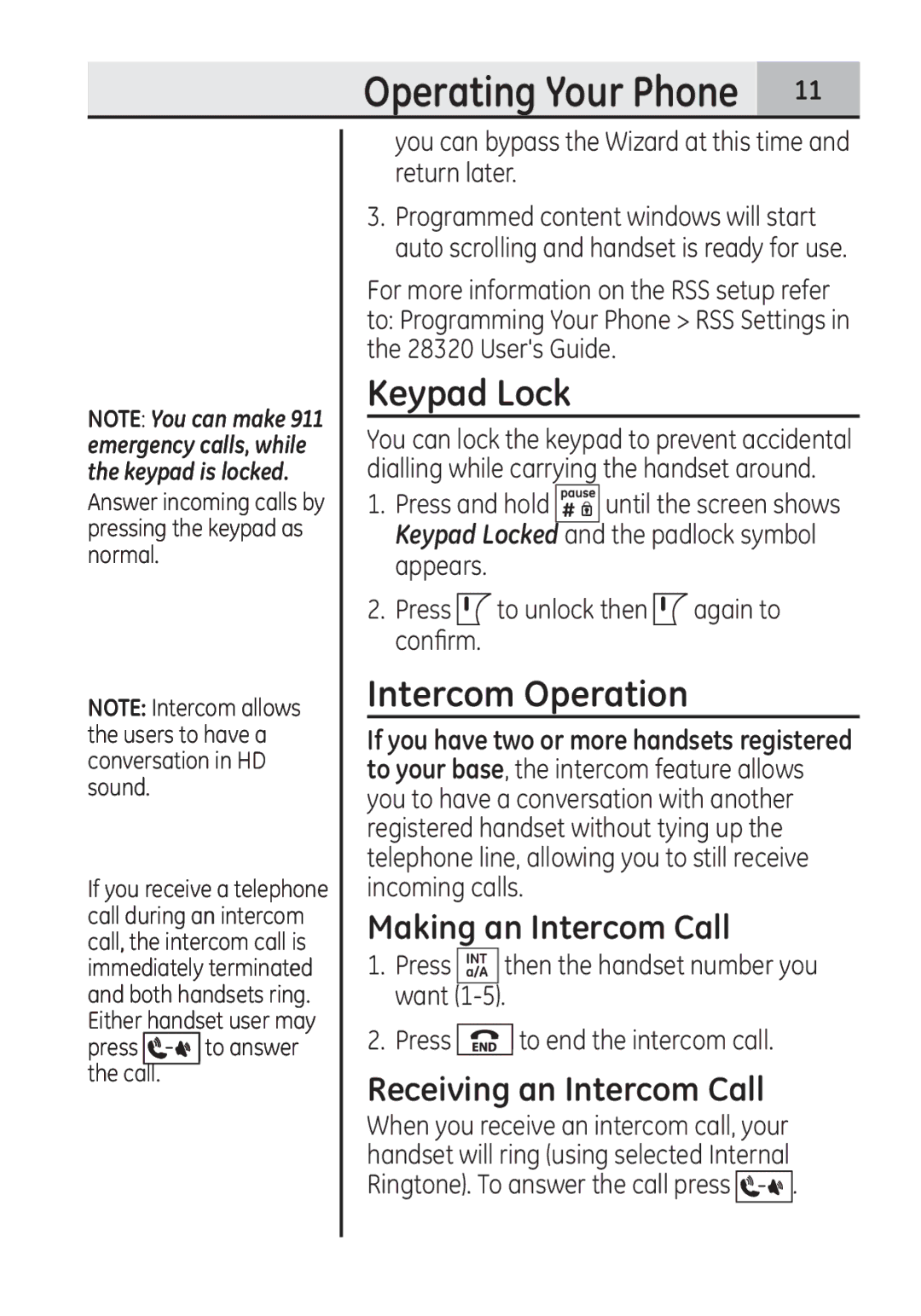 GE 28321 manual Operating Your Phone, Keypad Lock, Intercom Operation, Making an Intercom Call, Receiving an Intercom Call 