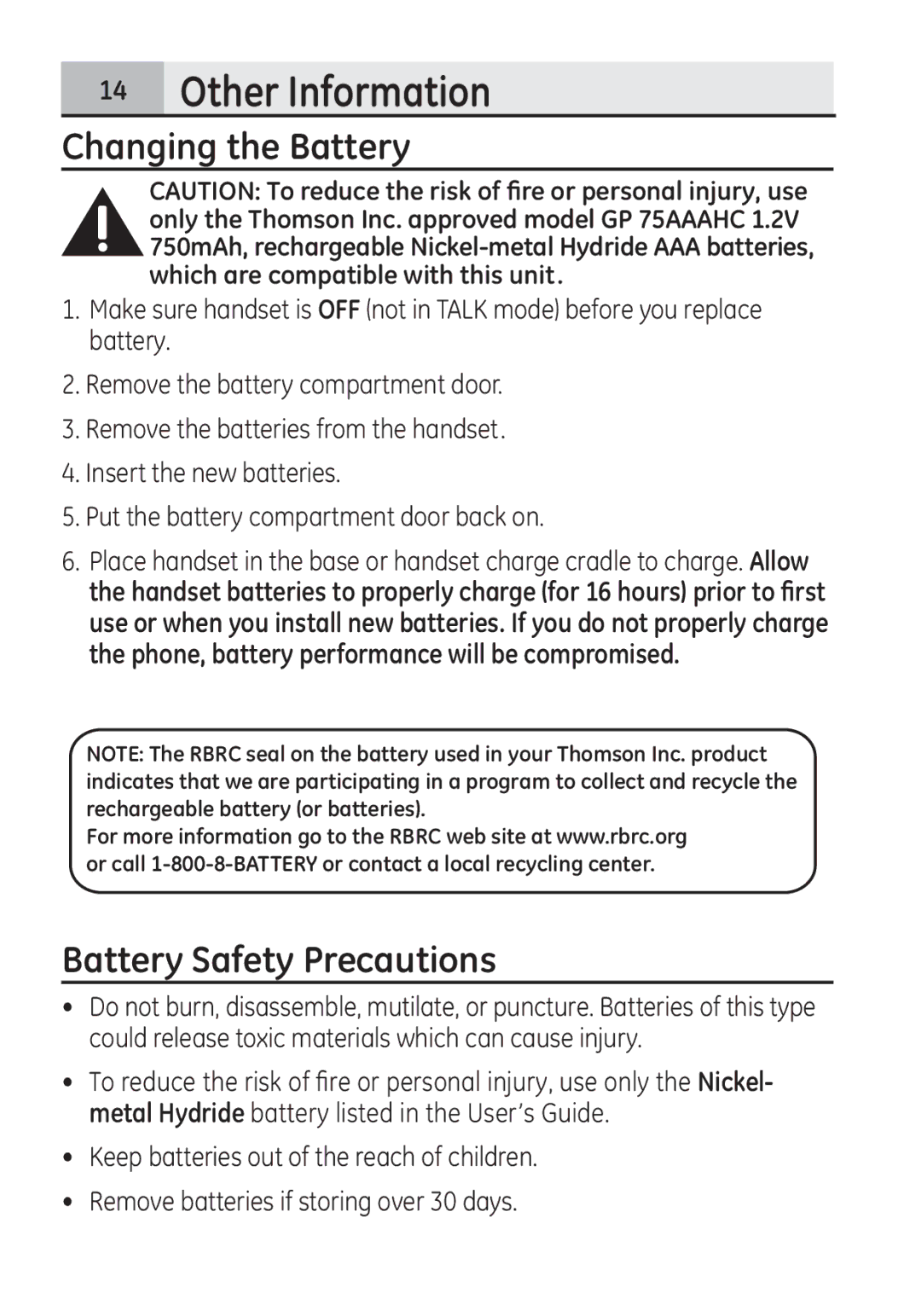 GE 28321 manual Other Information, Changing the Battery, Battery Safety Precautions 