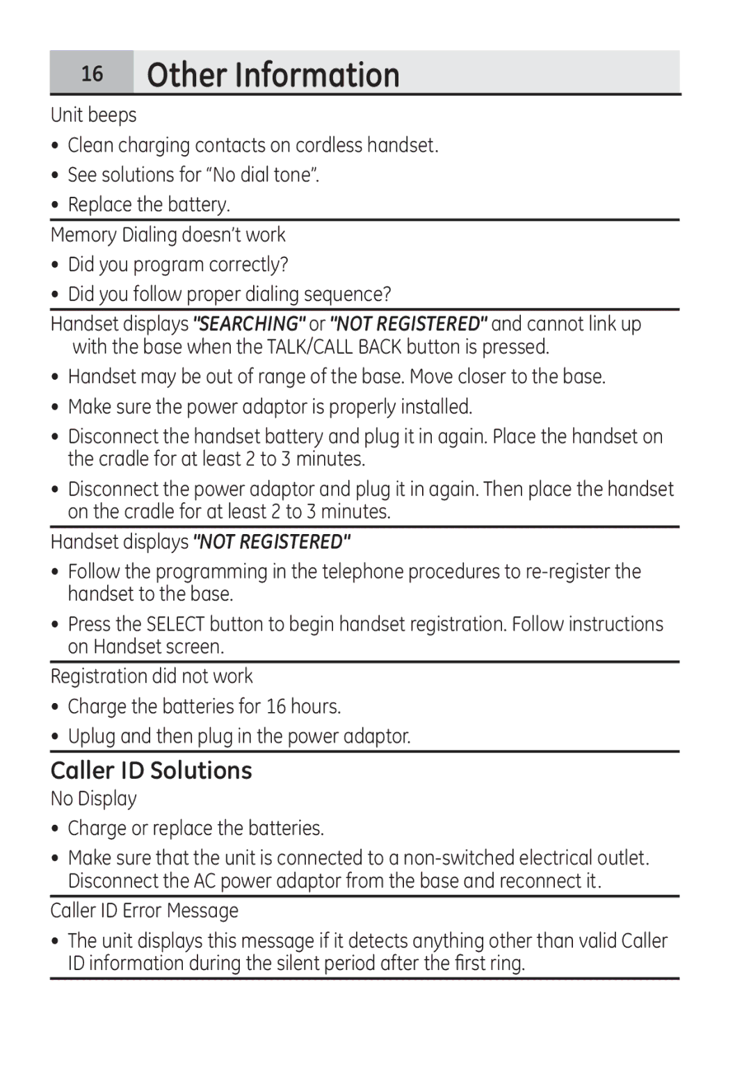 GE 28321 manual Caller ID Solutions, No Display Charge or replace the batteries 