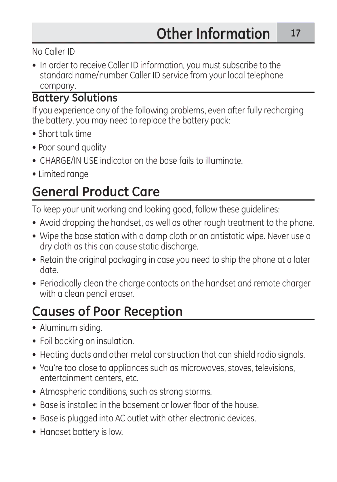 GE 28321 manual General Product Care, Causes of Poor Reception, Battery Solutions 