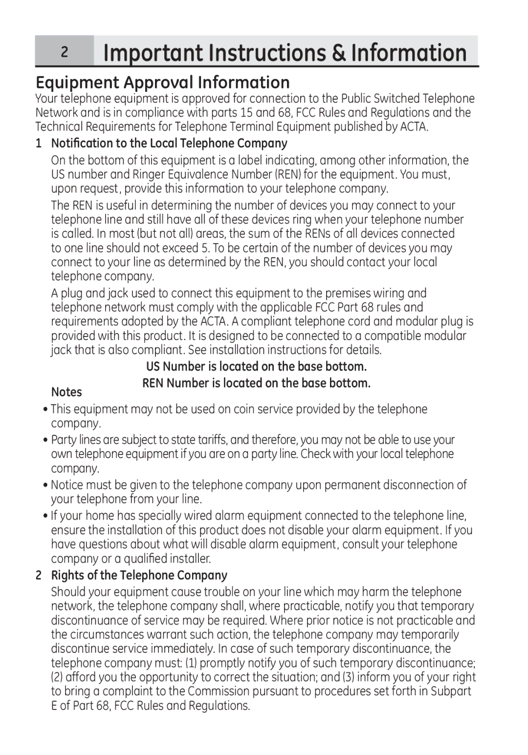 GE 28321 Equipment Approval Information, Notification to the Local Telephone Company, Rights of the Telephone Company 