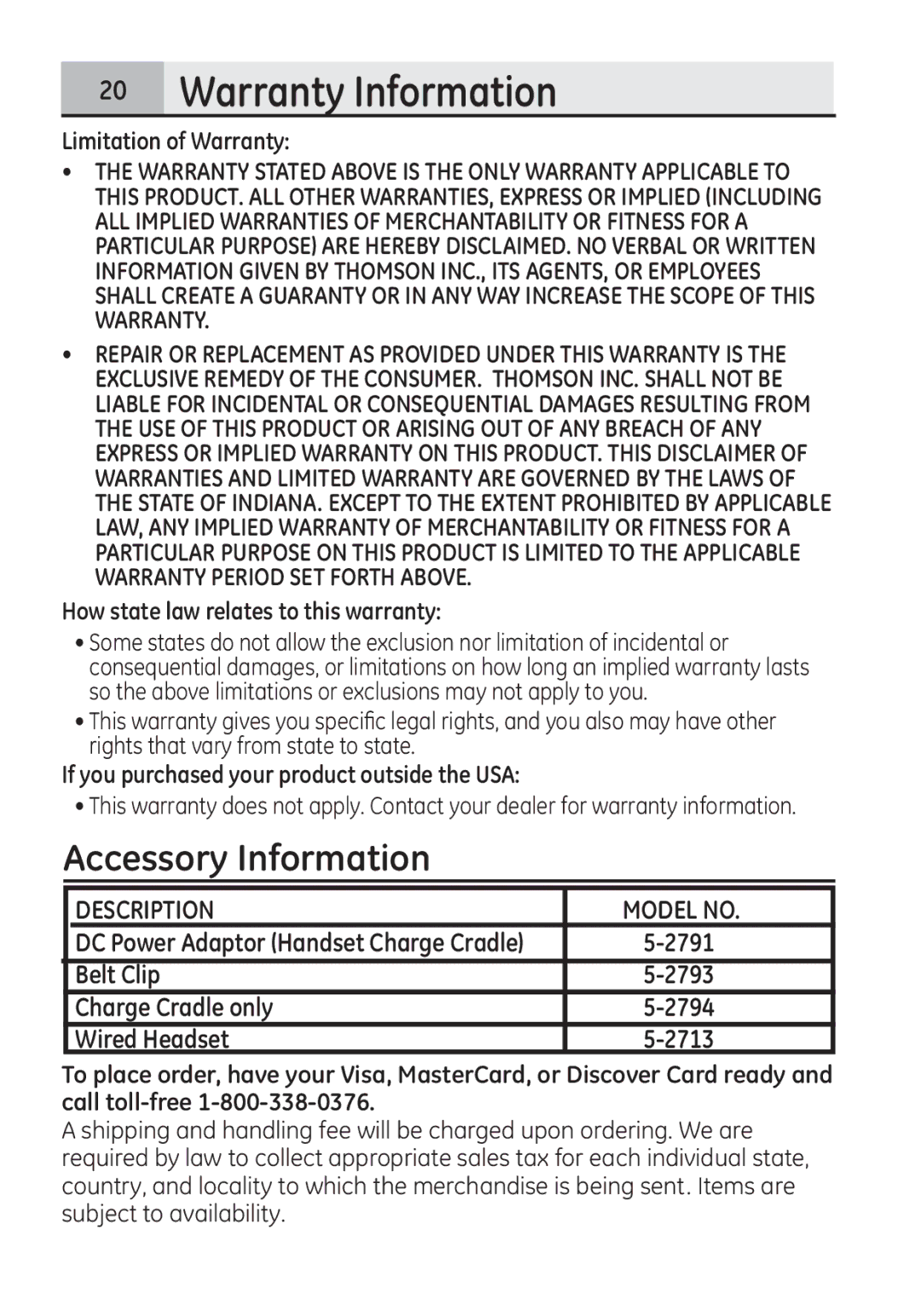 GE 28321 manual Accessory Information 