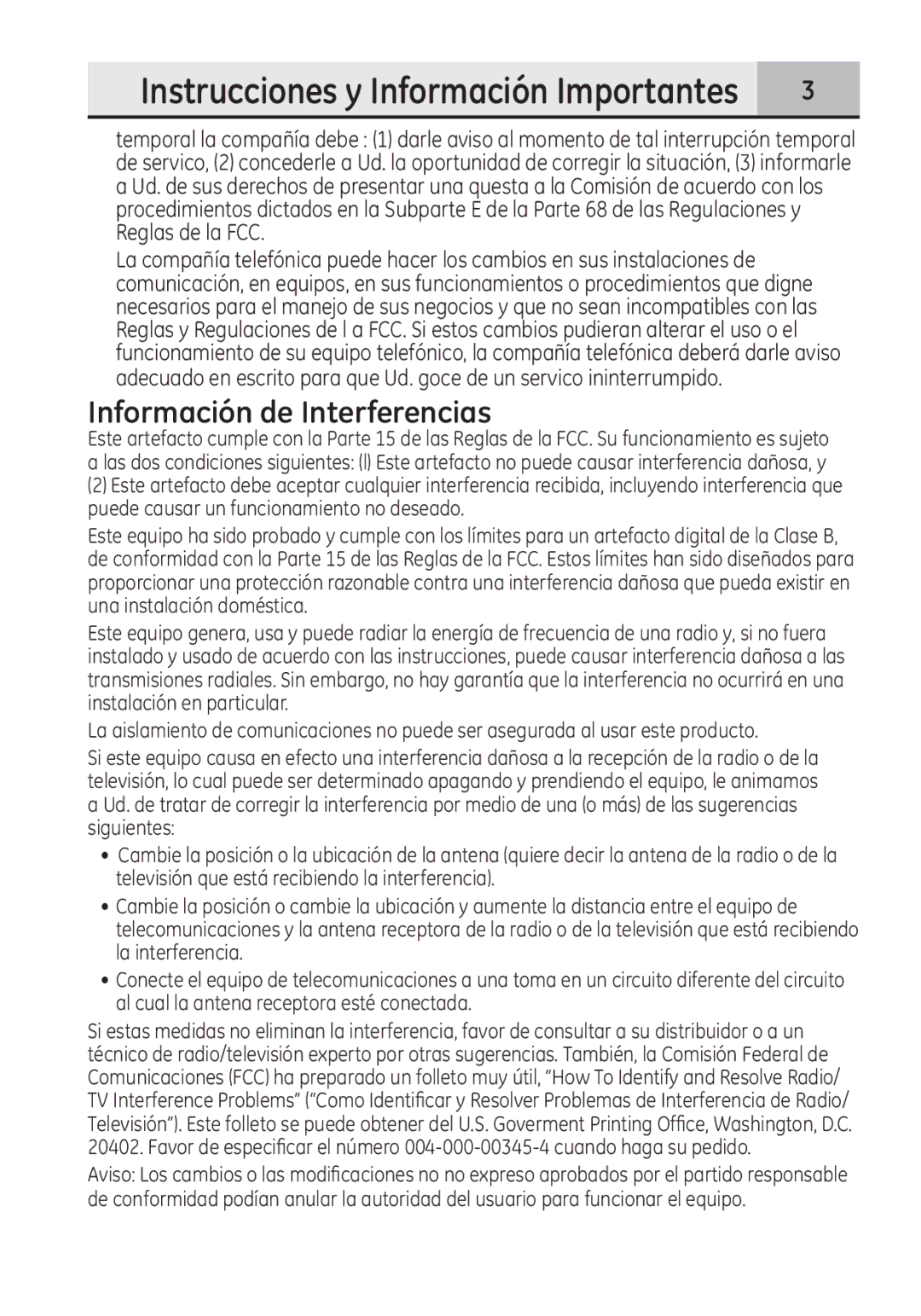 GE 28321 manual Instrucciones y Información Importantes, Información de Interferencias 