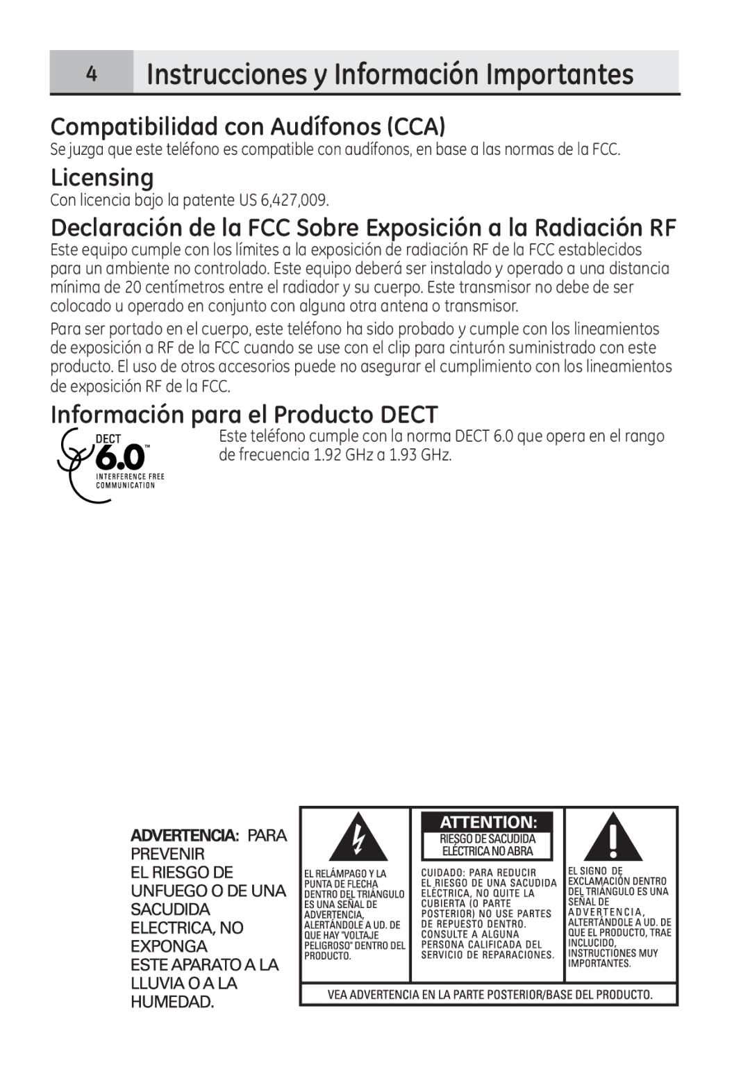 GE 28321  Instrucciones y Información Importantes, Compatibilidad con Audífonos CCA, Información para el Producto Dect 