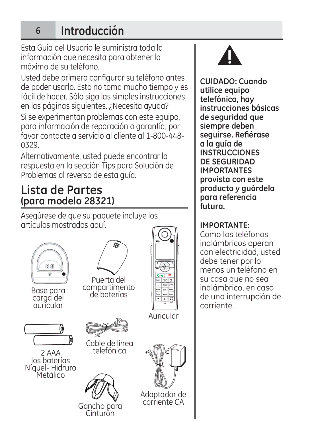 GE 28321 manual  Introducción, Lista de Partes, Para modelo 