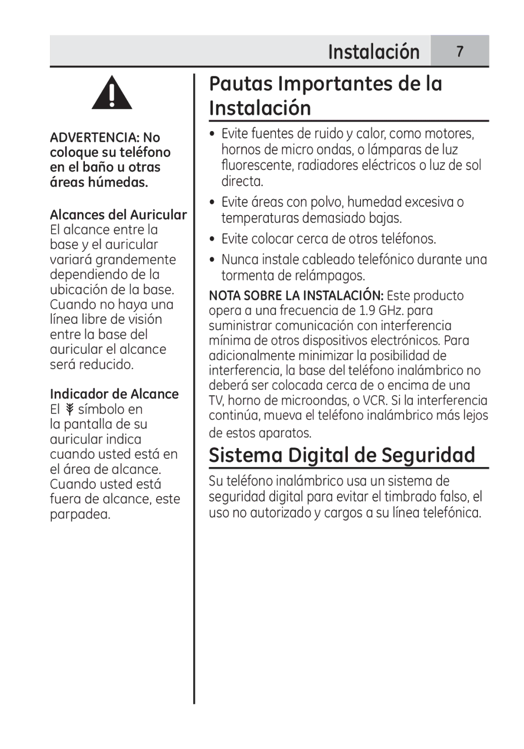 GE 28321 manual Instalación Pautas Importantes de la, Sistema Digital de Seguridad 