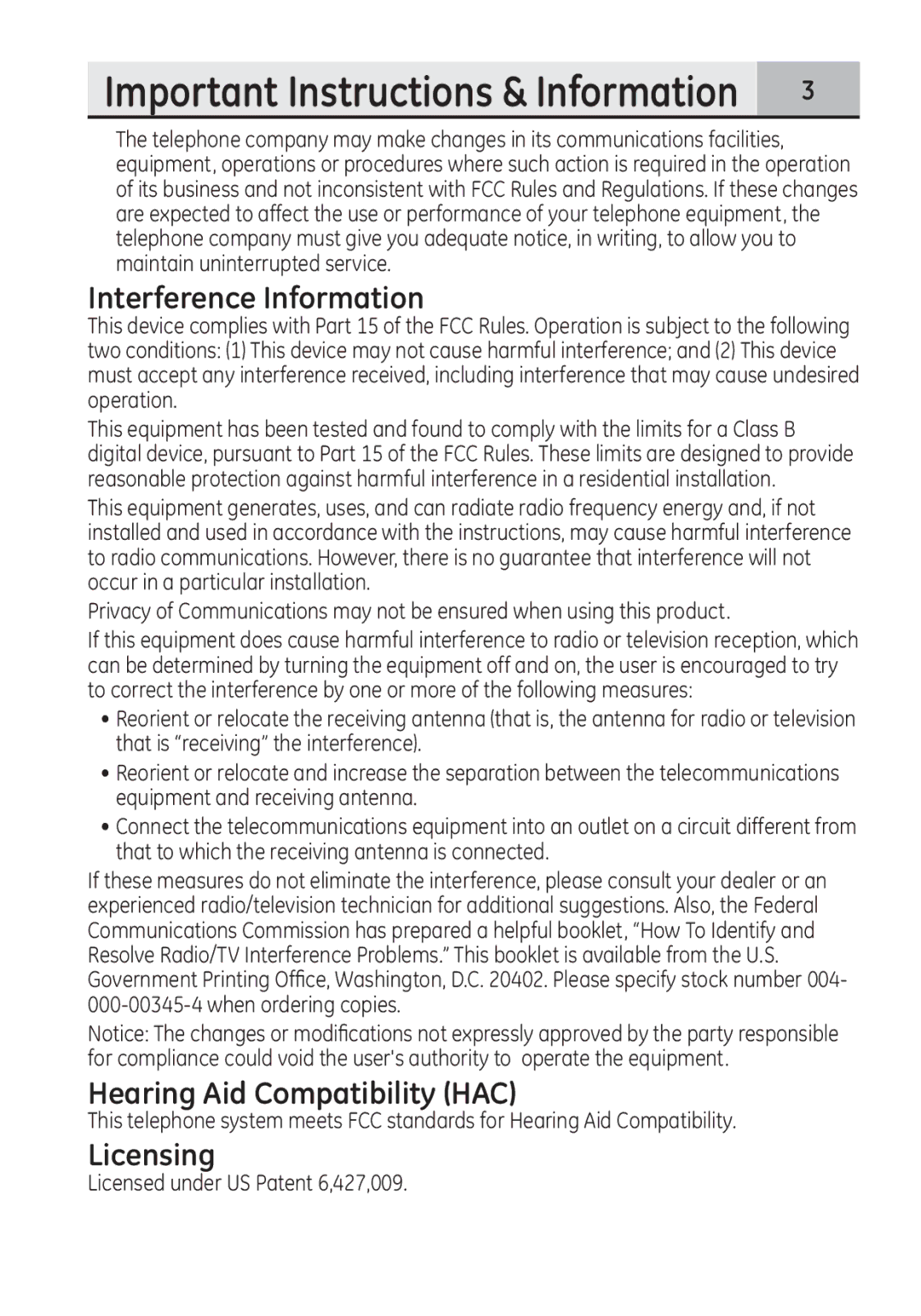 GE 28321 manual Interference Information, Hearing Aid Compatibility HAC, Licensing 