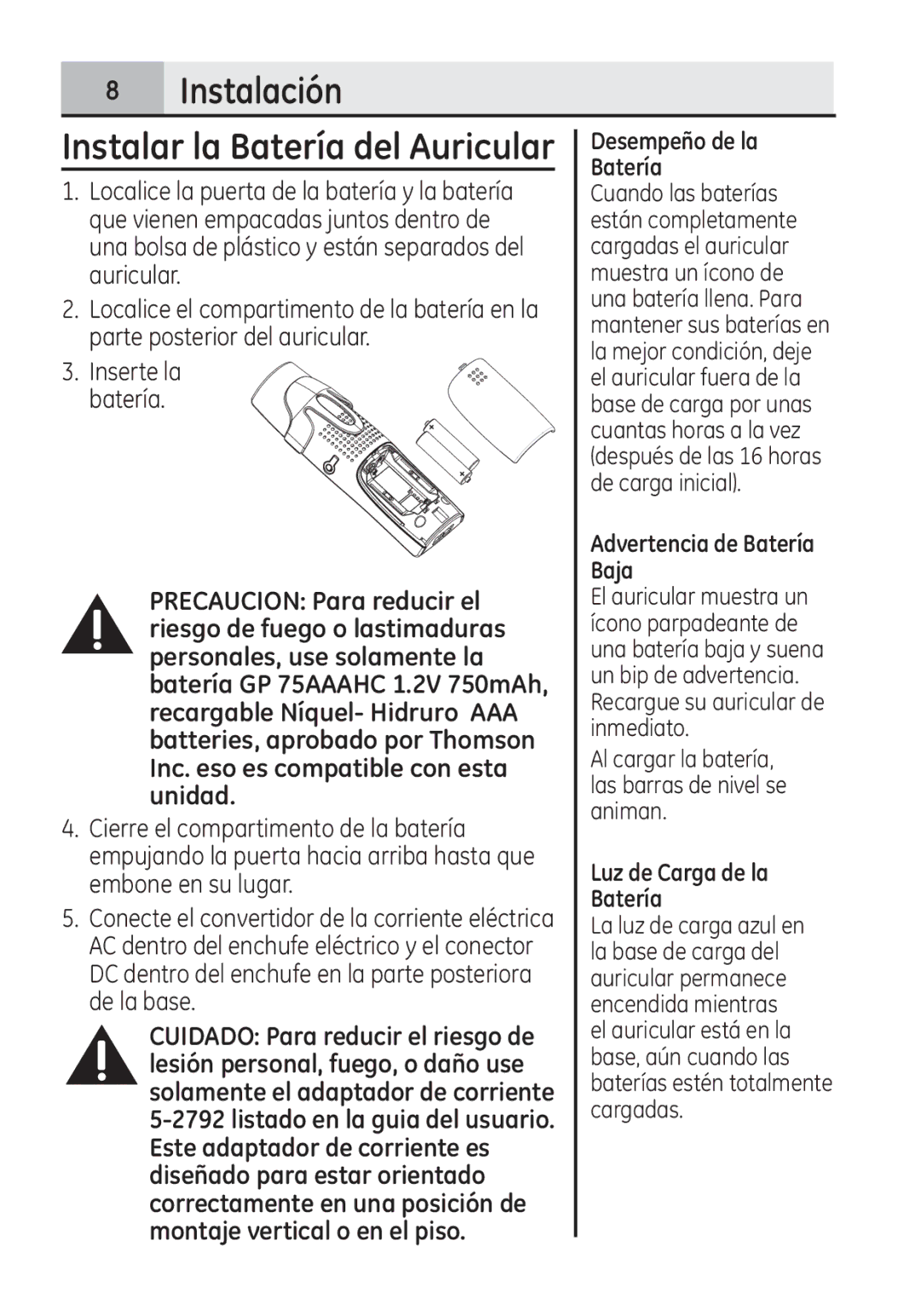 GE 28321 manual Instalar la Batería del Auricular 