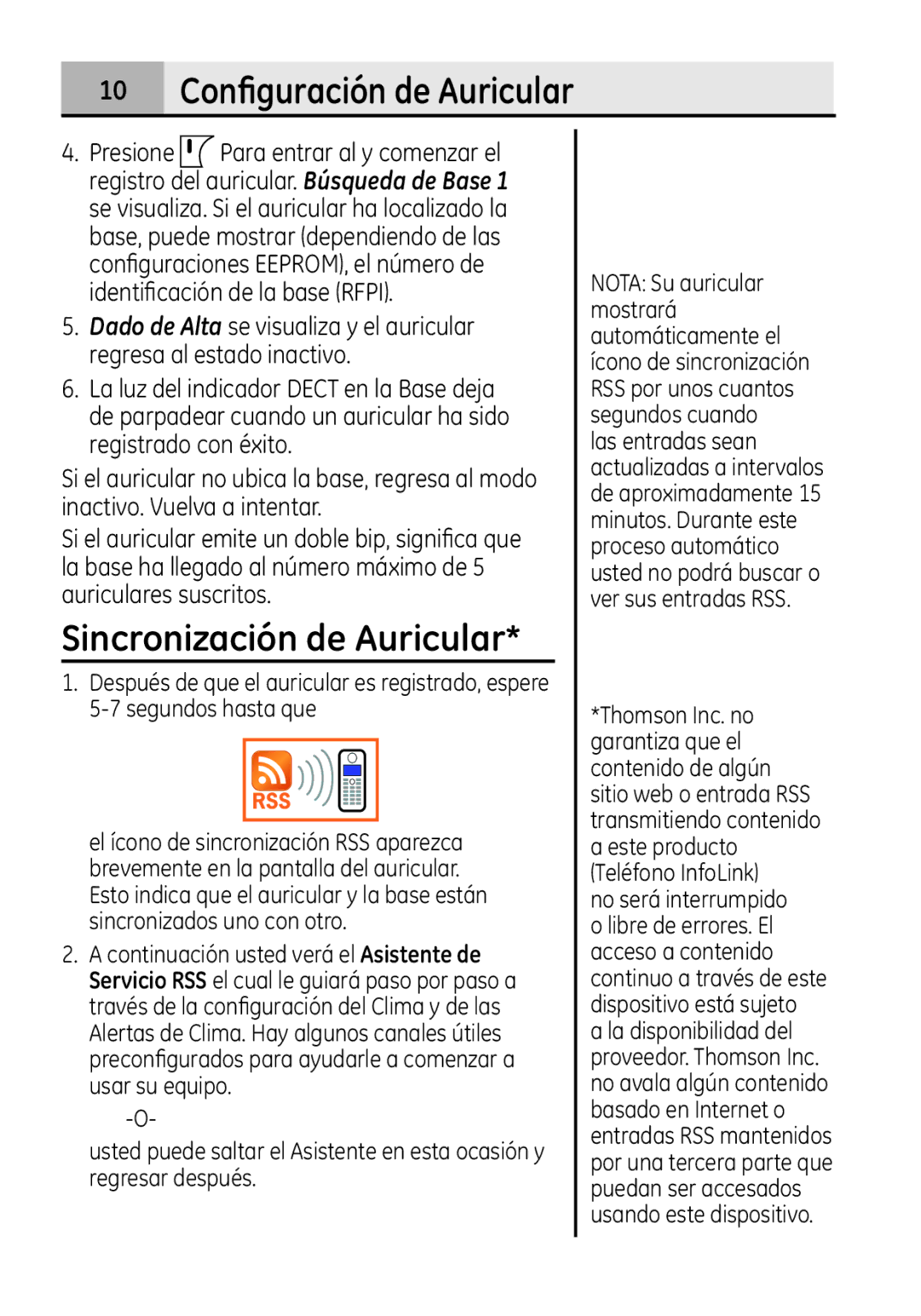 GE 28321 manual Configuración de Auricular, Sincronización de Auricular 