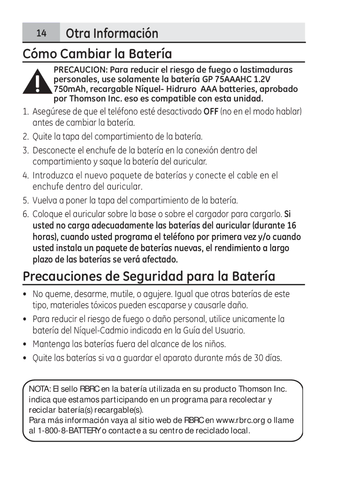 GE 28321 manual Precauciones de Seguridad para la Batería, Otra Información Cómo Cambiar la Batería 