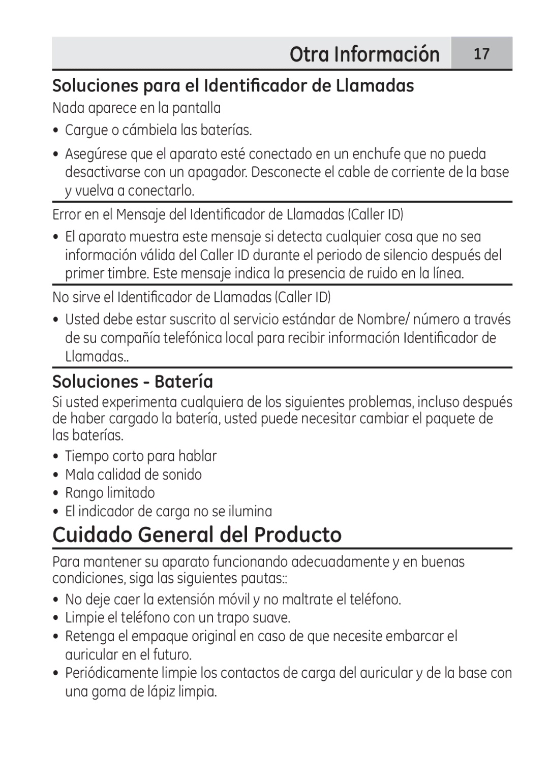 GE 28321 manual Cuidado General del Producto, Soluciones para el Identificador de Llamadas, Soluciones Batería 