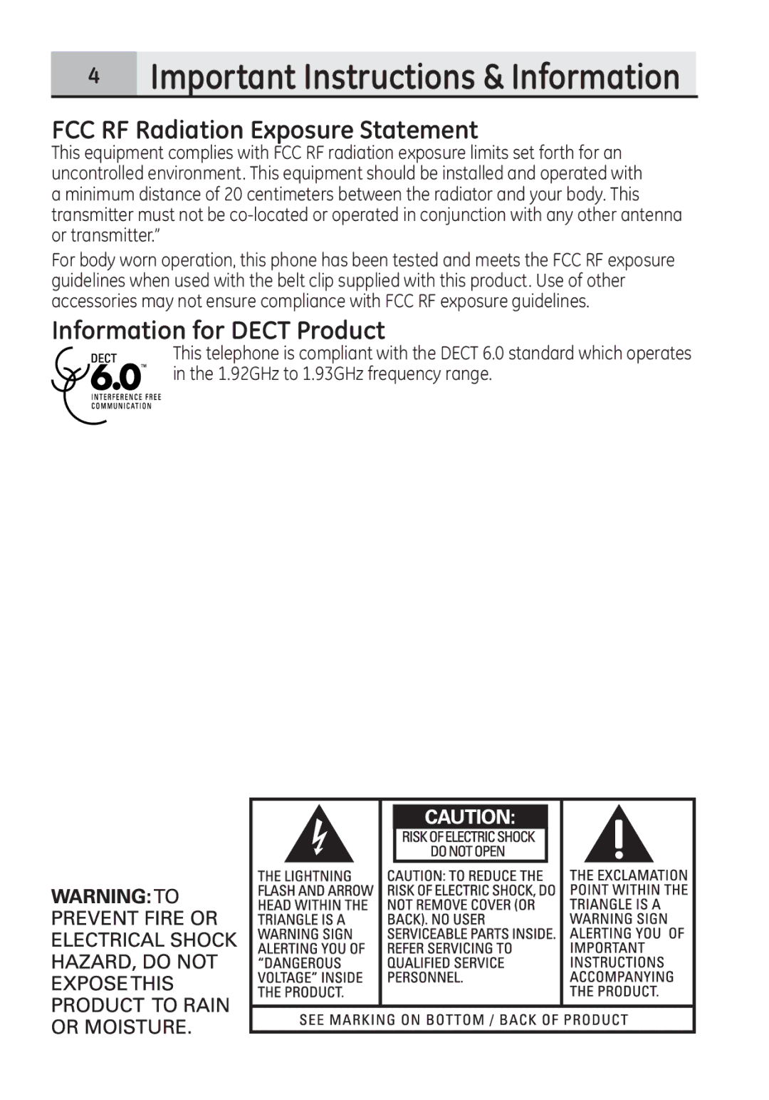 GE 28321 manual FCC RF Radiation Exposure Statement, Information for Dect Product 