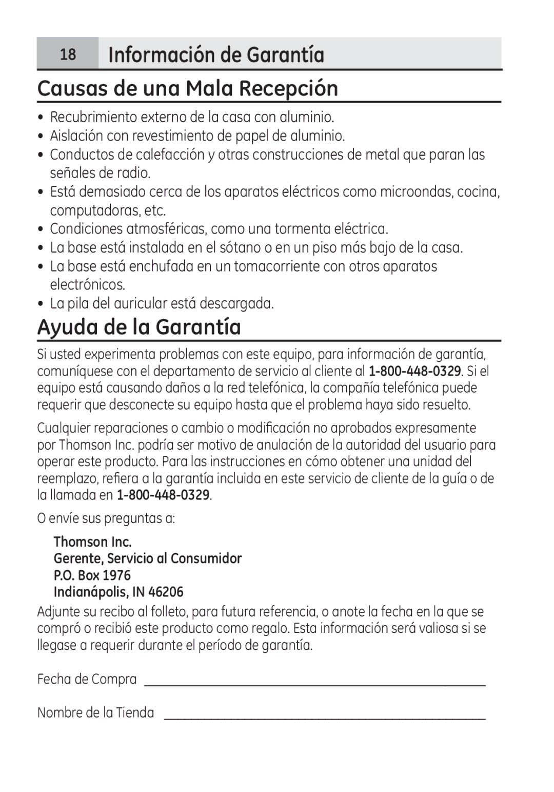 GE 28321 manual Ayuda de la Garantía, Información de Garantía Causas de una Mala Recepción 