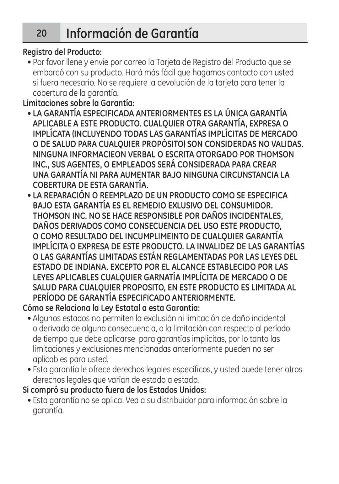 GE 28321 manual Información de Garantía, Registro del Producto, Limitaciones sobre la Garantía 