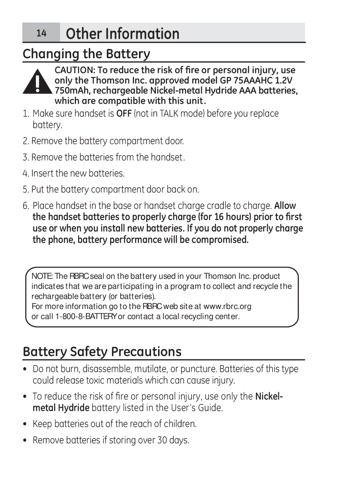 GE 28321EE1 manual Other Information, Changing the Battery, Battery Safety Precautions 