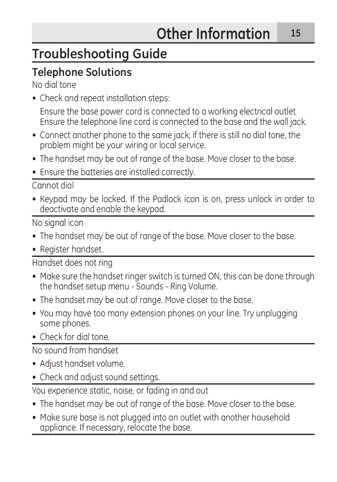 GE 28321EE1 manual Troubleshooting Guide, Telephone Solutions 