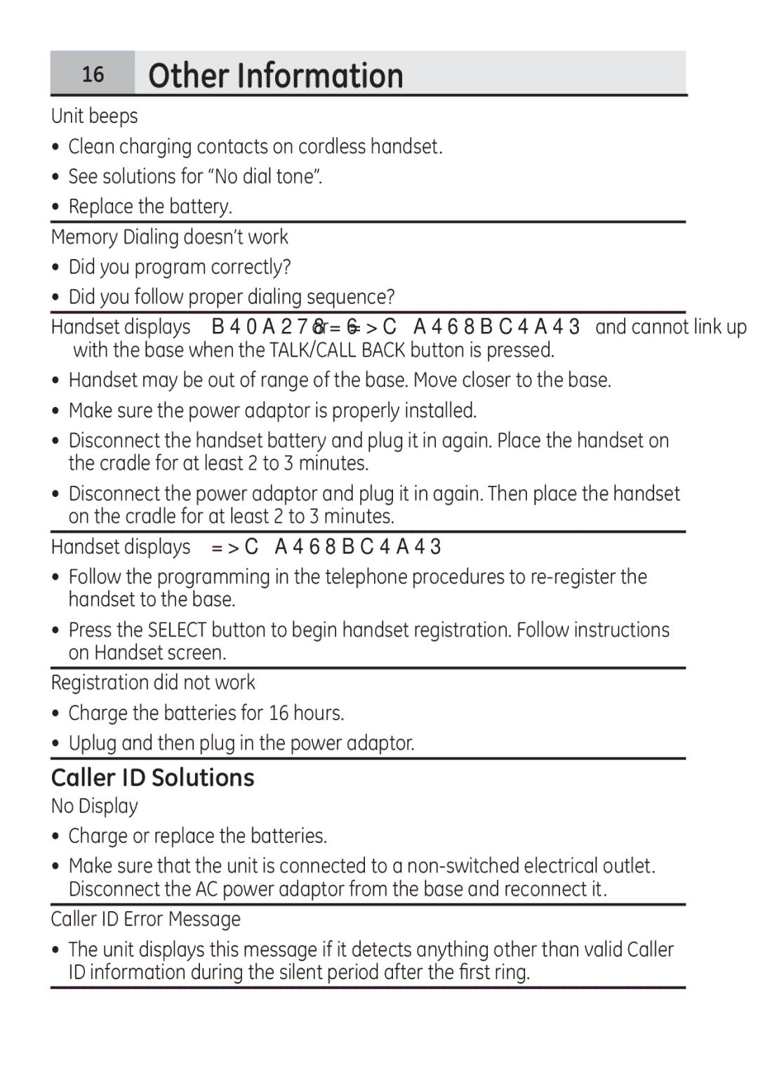 GE 28321EE1 manual Caller ID Solutions, No Display Charge or replace the batteries 