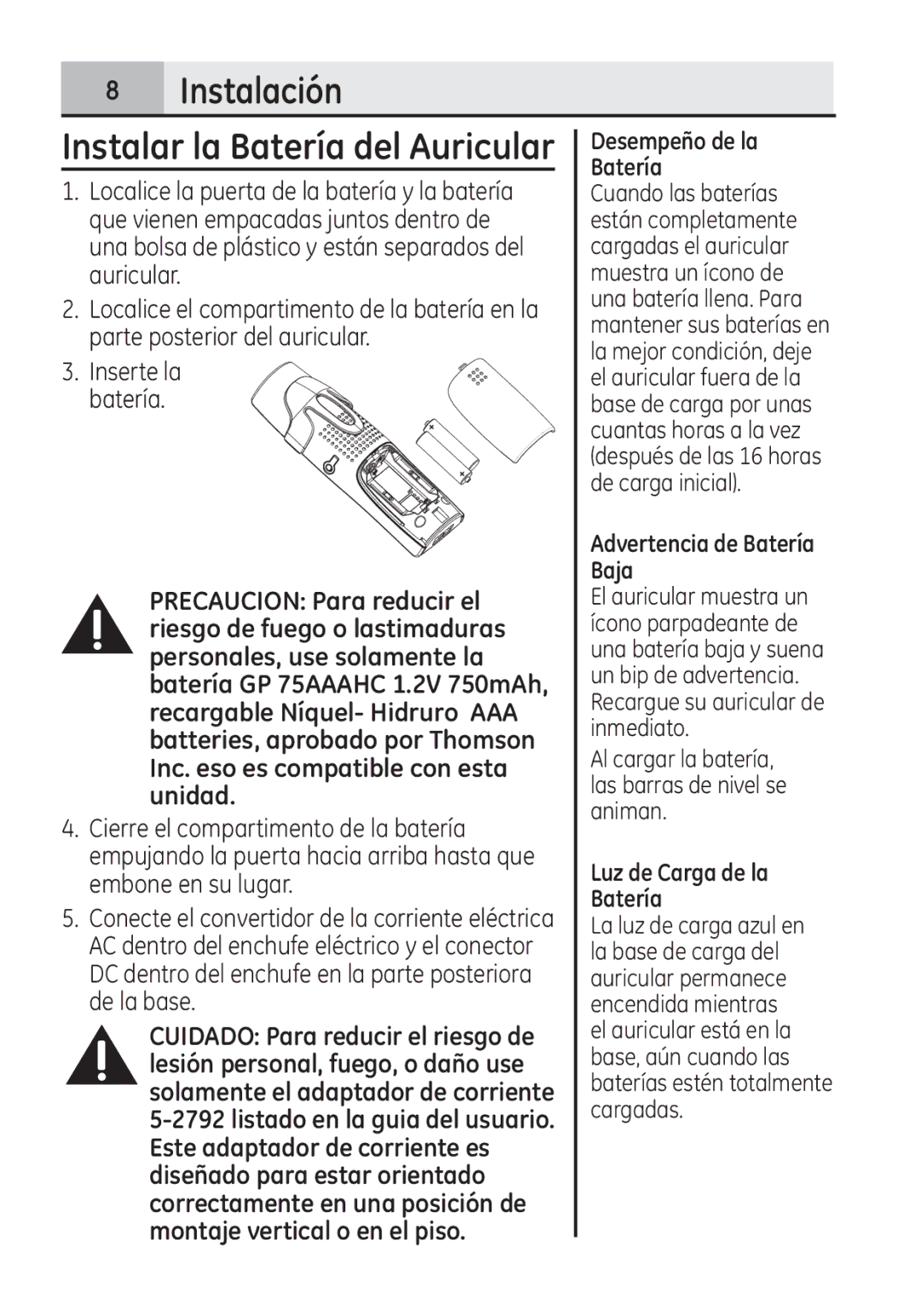 GE 28321EE1 manual Instalar la Batería del Auricular 