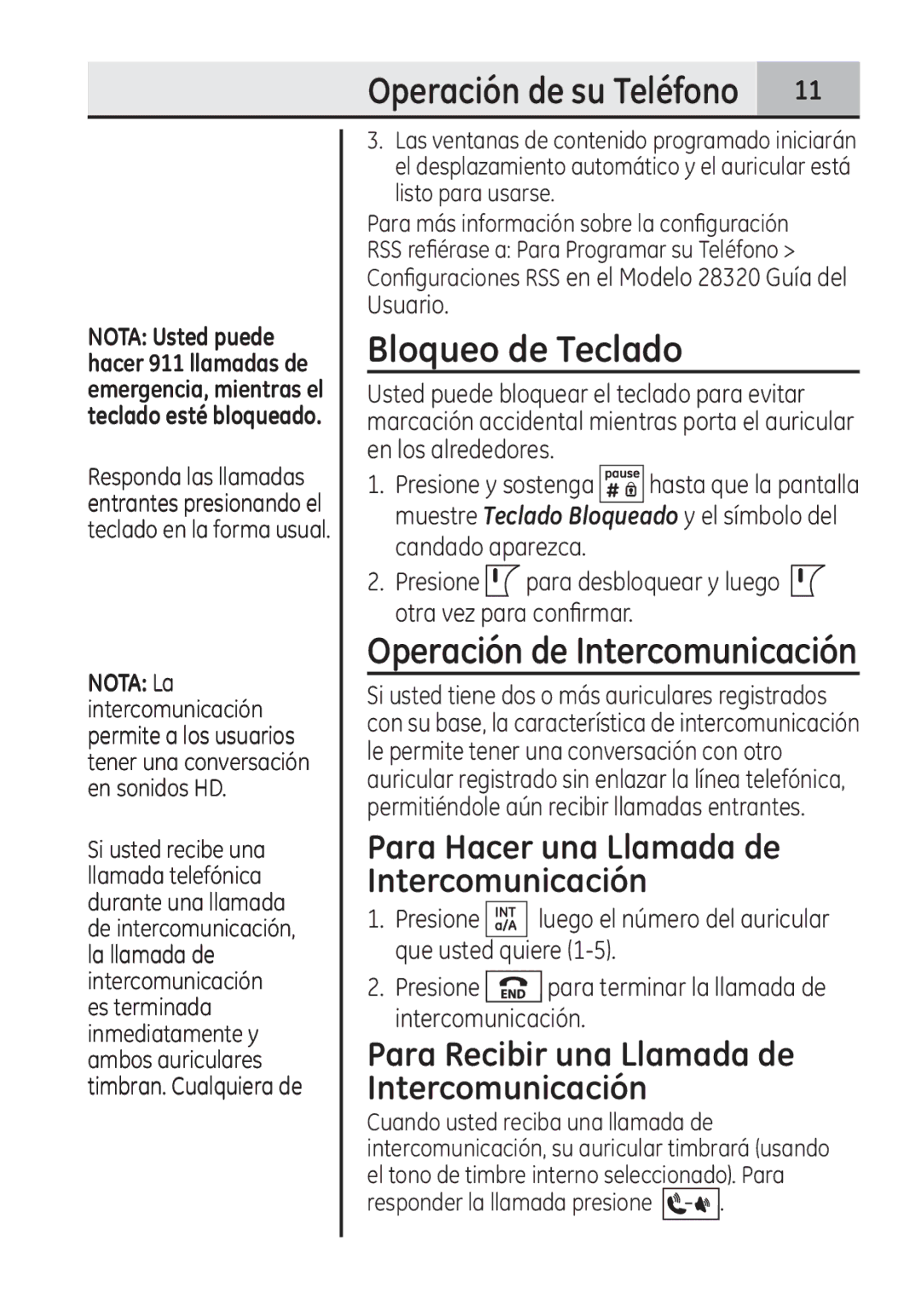 GE 28321EE1 manual Bloqueo de Teclado, Operación de Intercomunicación, Para Hacer una Llamada de Intercomunicación 