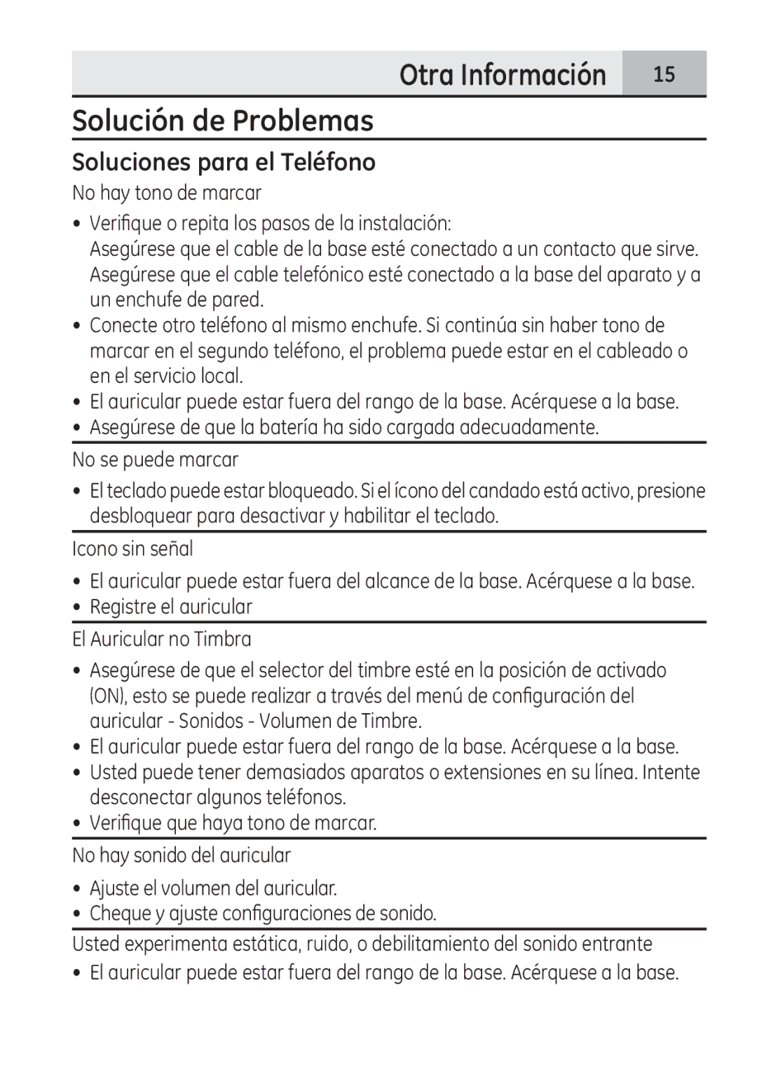 GE 28321EE1 manual Solución de Problemas, Soluciones para el Teléfono 