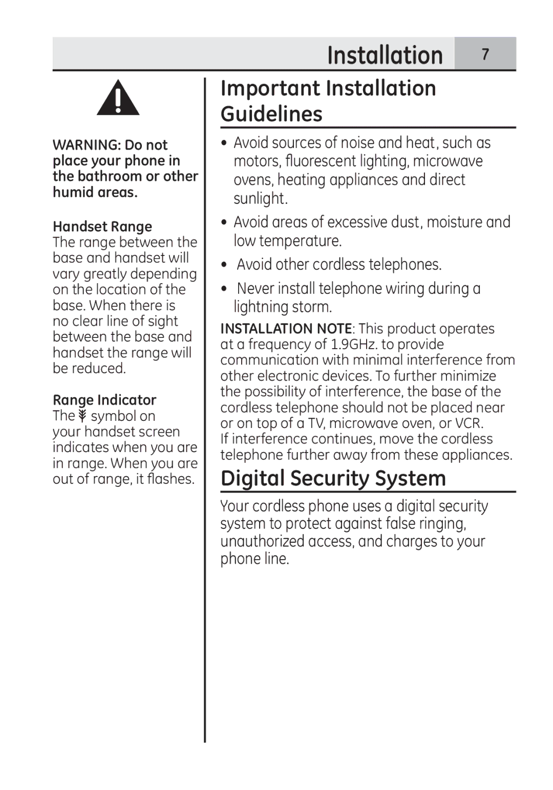 GE 28321EE1 manual Installation , Important Installation Guidelines, Digital Security System, Handset Range 