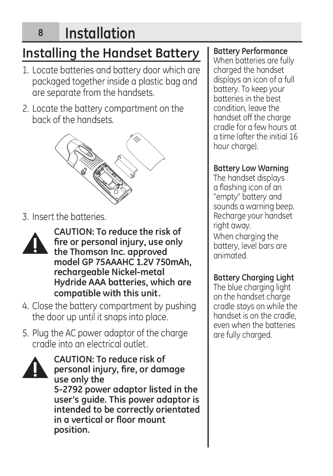 GE 28321EE1 manual Installation, Installing the Handset Battery 