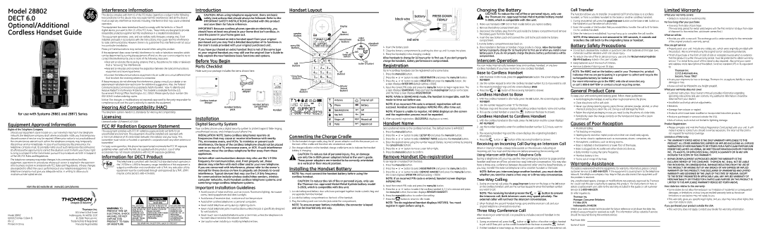 GE 28802 warranty Interference Information, Introduction Handset Layout, Changing the Battery, Limited Warranty, Licensing 