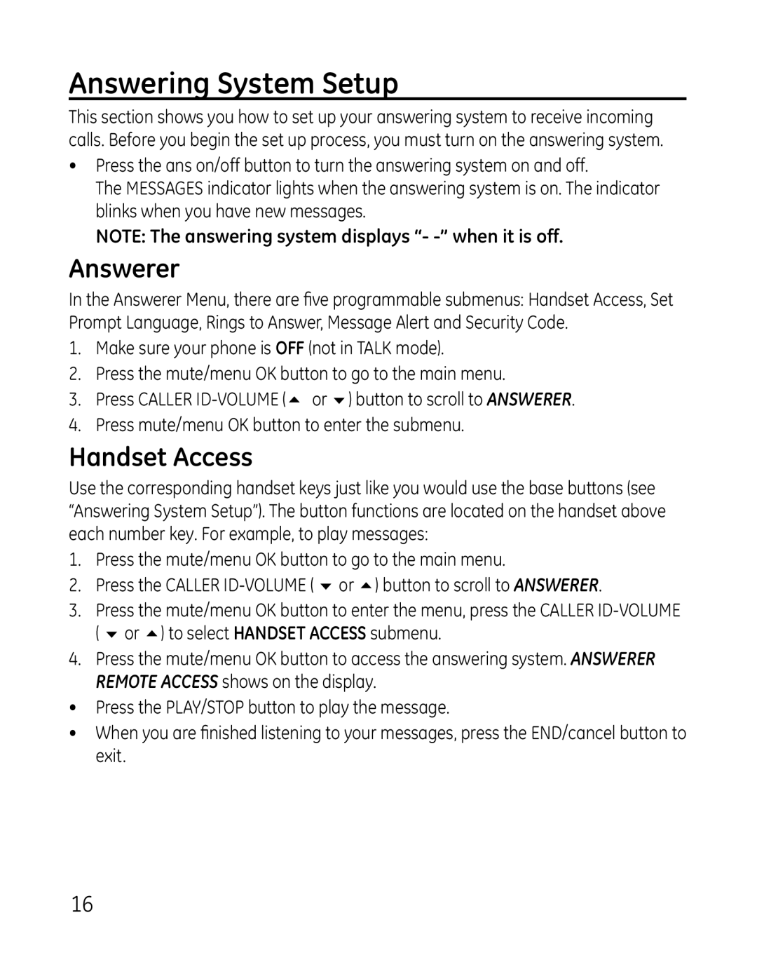 GE 28821 manual Answering System Setup, Answerer, Handset Access 