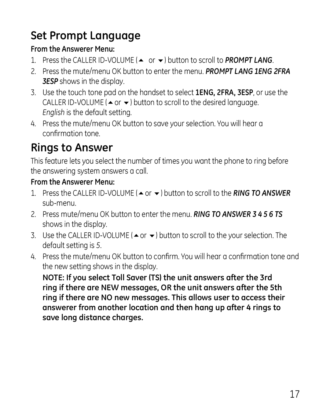 GE 28821 manual Set Prompt Language, Rings to Answer, From the Answerer Menu 