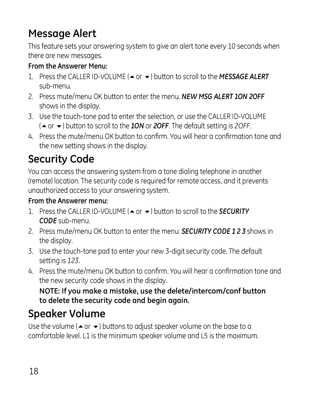 GE 28821 manual Message Alert, Security Code, Speaker Volume 