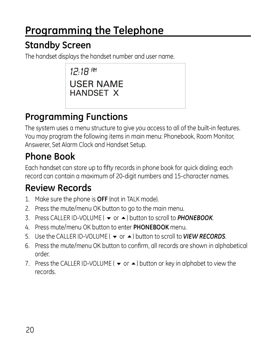 GE 28821 manual Programming the Telephone, Standby Screen, Programming Functions, Phone Book, Review Records 