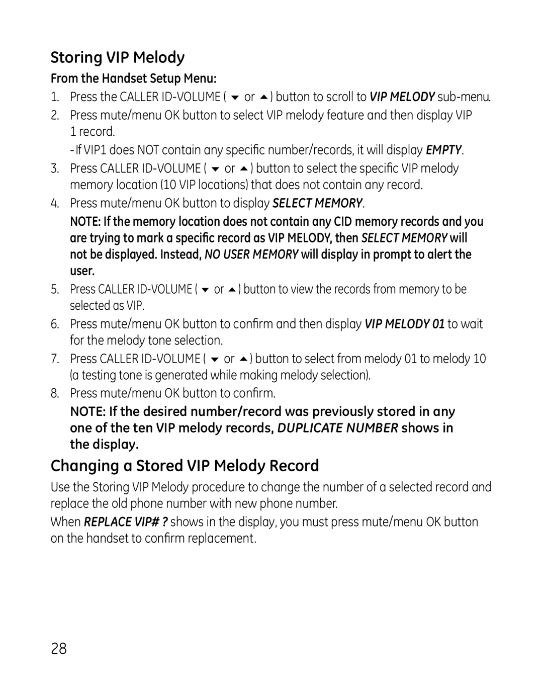 GE 28821 manual Storing VIP Melody, Changing a Stored VIP Melody Record 