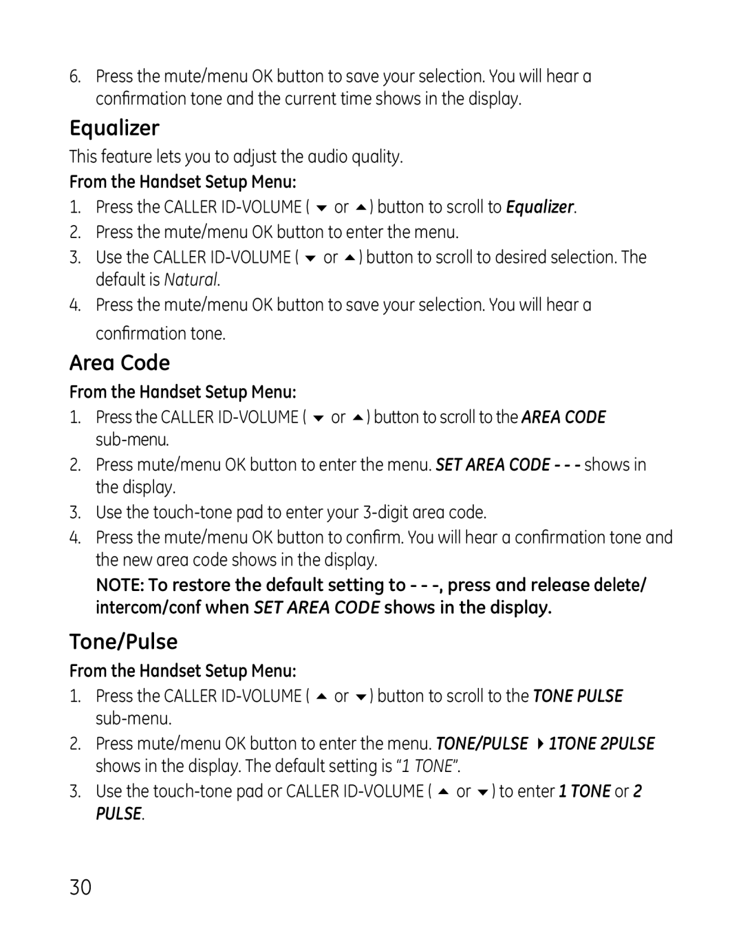 GE 28821 manual Equalizer, Area Code, Tone/Pulse 