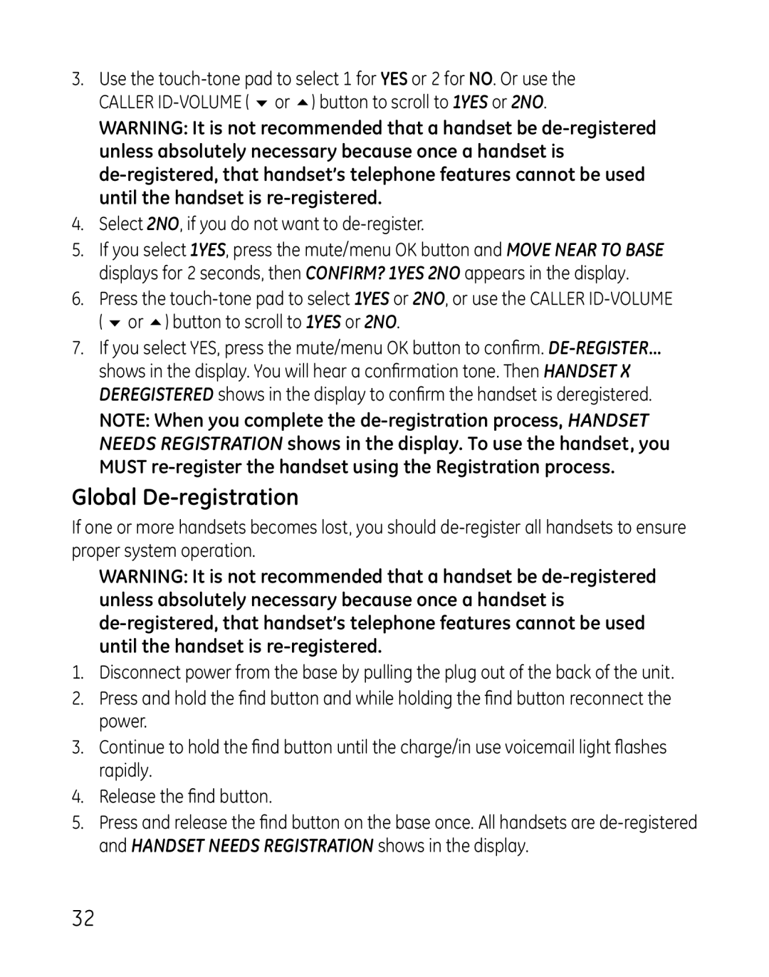 GE 28821 manual Global De-registration, Select 2NO, if you do not want to de-register 