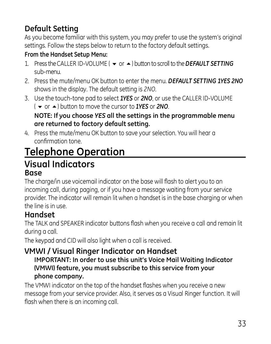 GE 28821 manual Telephone Operation, Visual Indicators 