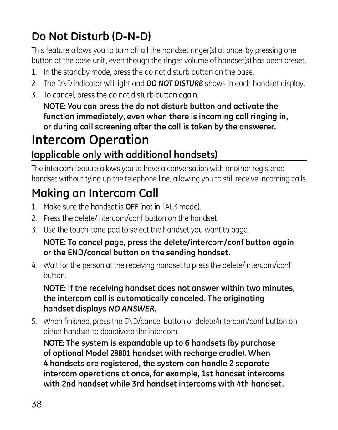 GE 28821 manual Intercom Operation, Do Not Disturb D-N-D, Making an Intercom Call 