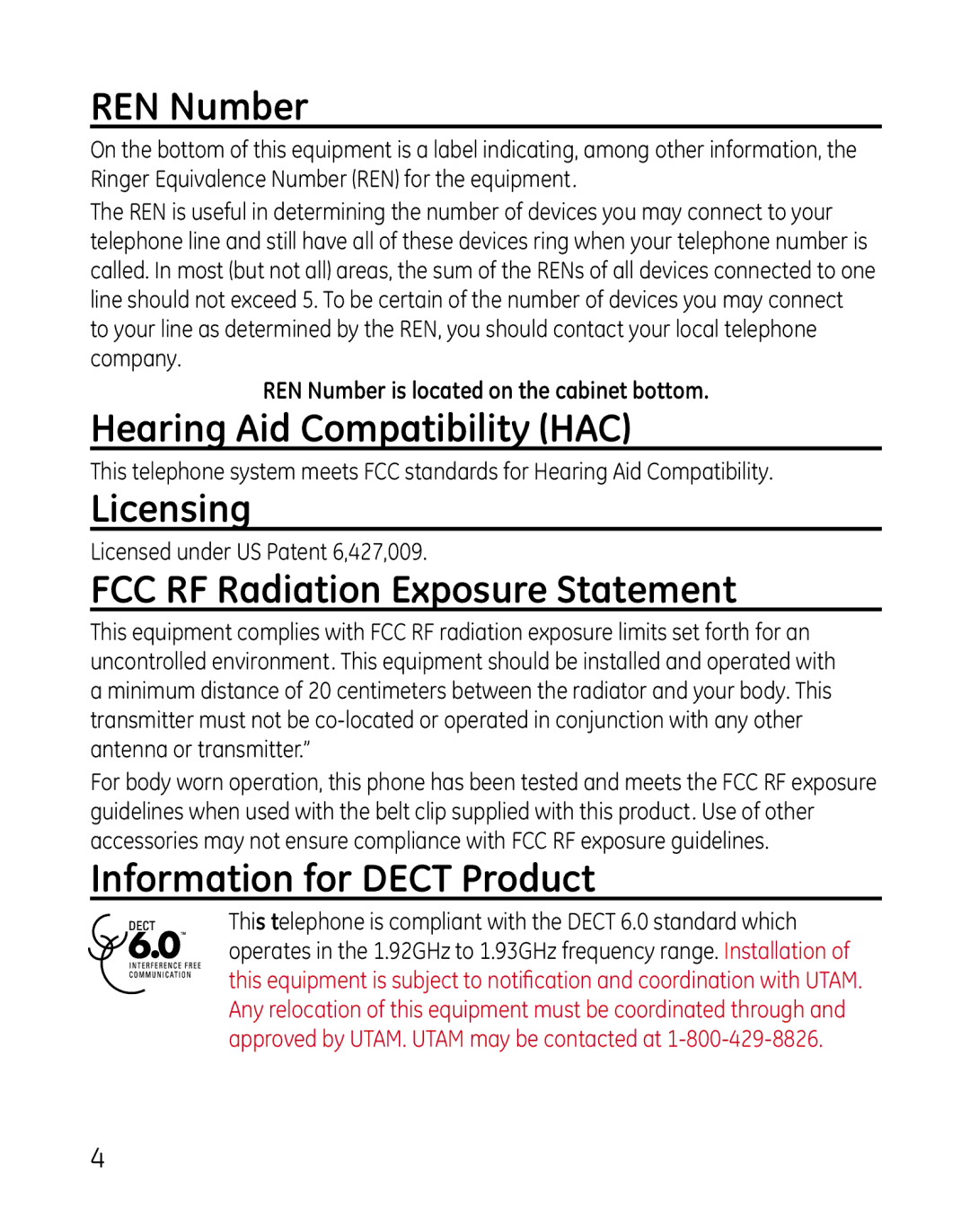 GE 28821 manual REN Number, Hearing Aid Compatibility HAC, Licensing, FCC RF Radiation Exposure Statement 