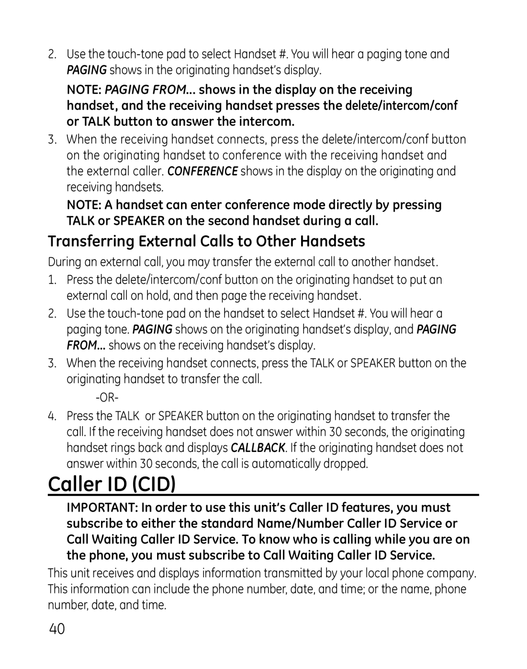 GE 28821 manual Caller ID CID, Transferring External Calls to Other Handsets 