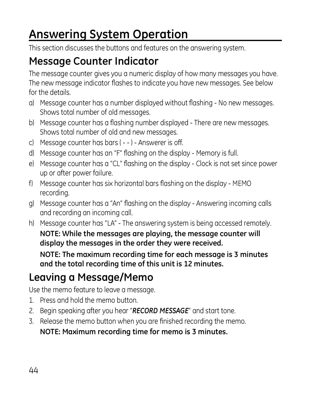 GE 28821 manual Answering System Operation, Message Counter Indicator, Leaving a Message/Memo 