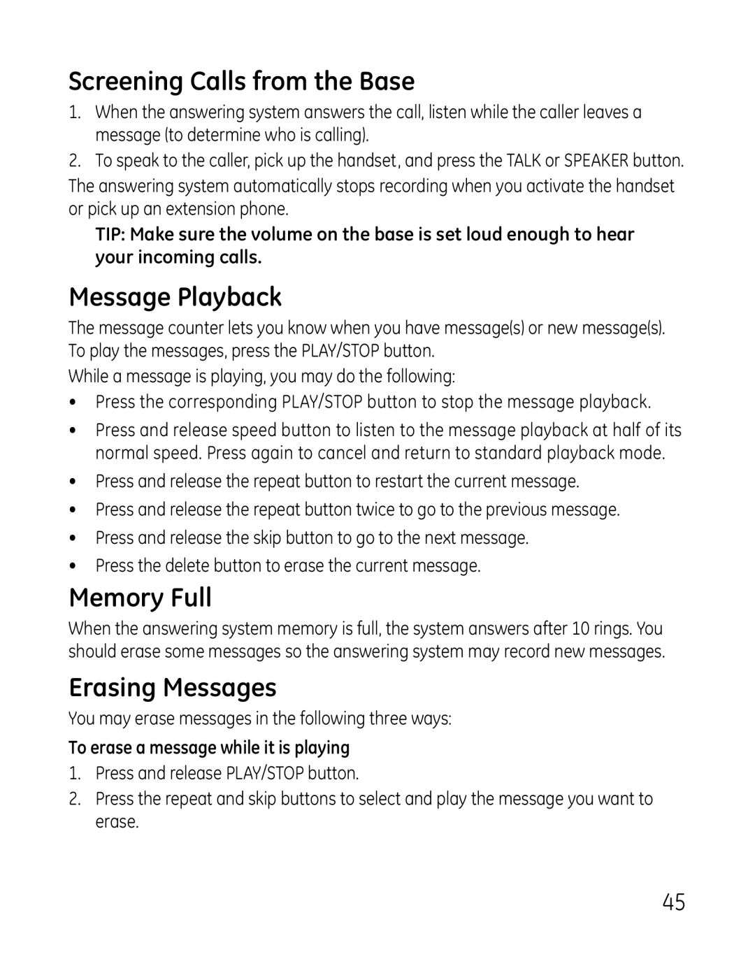GE 28821 manual Screening Calls from the Base, Message Playback, Memory Full, Erasing Messages 