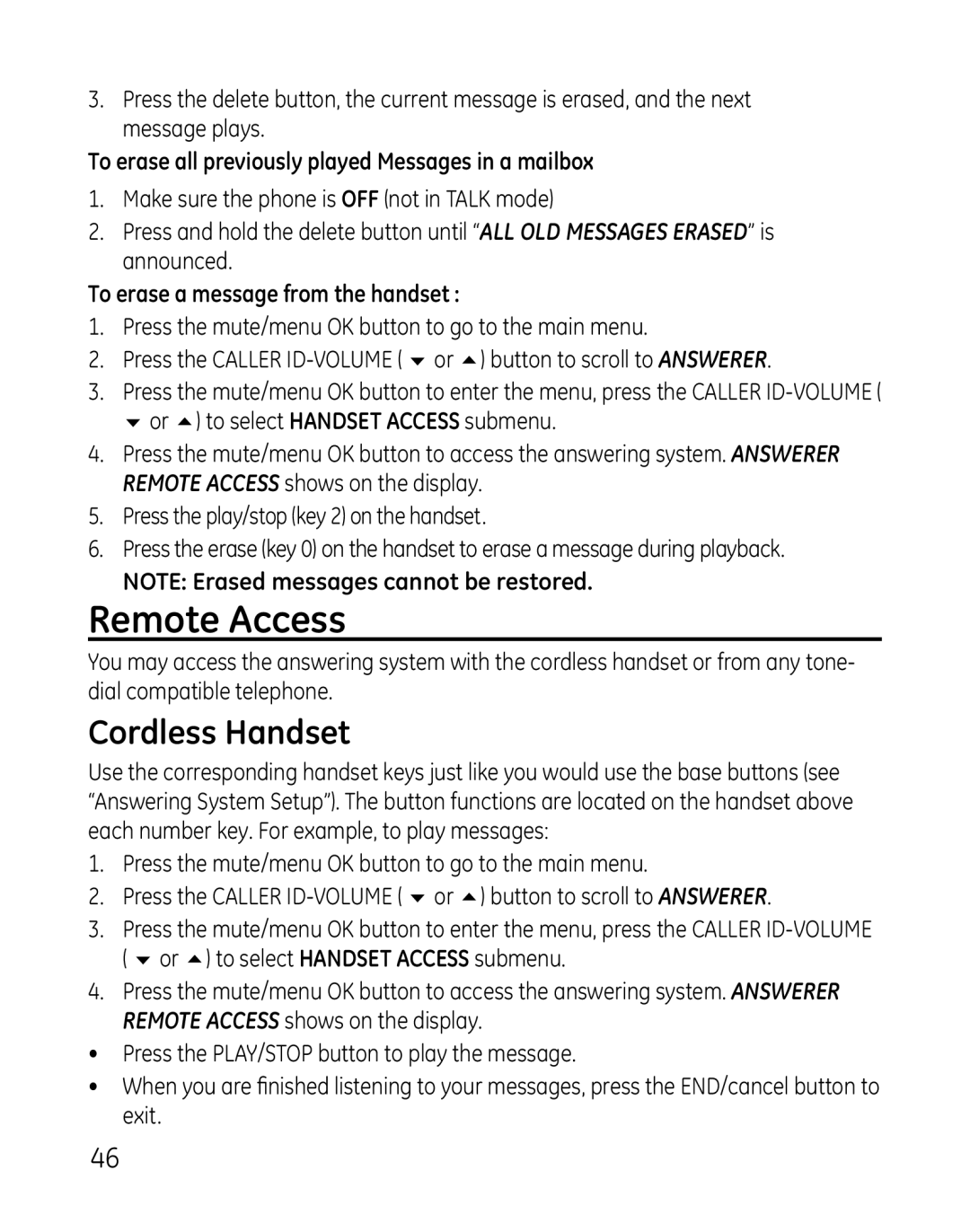GE 28821 manual Remote Access, Cordless Handset, To erase all previously played Messages in a mailbox 