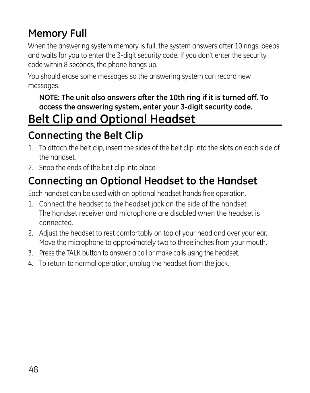 GE 28821 manual Belt Clip and Optional Headset, Connecting the Belt Clip, Connecting an Optional Headset to the Handset 