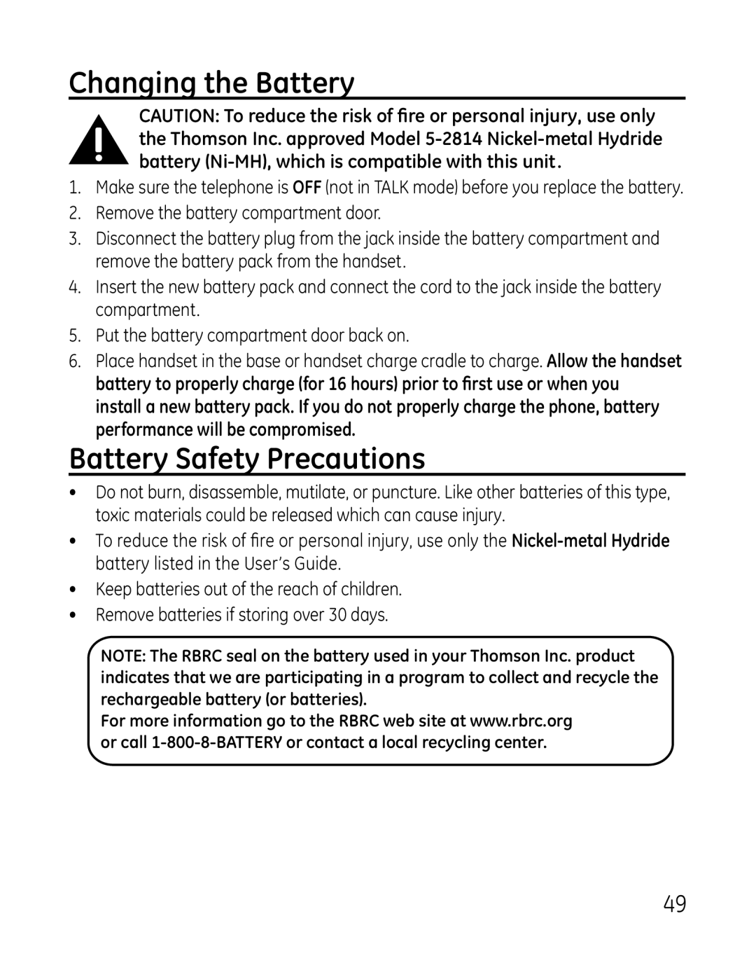 GE 28821 manual Changing the Battery, Battery Safety Precautions 