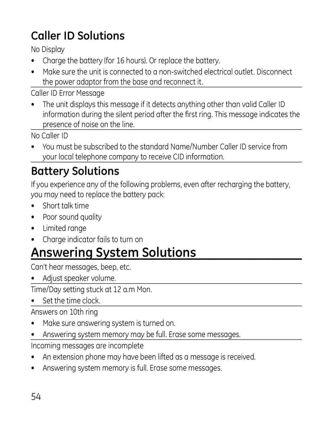 GE 28821 manual Answering System Solutions, Caller ID Solutions, Battery Solutions 