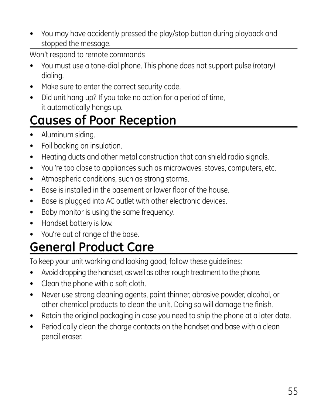 GE 28821 manual Causes of Poor Reception, General Product Care 